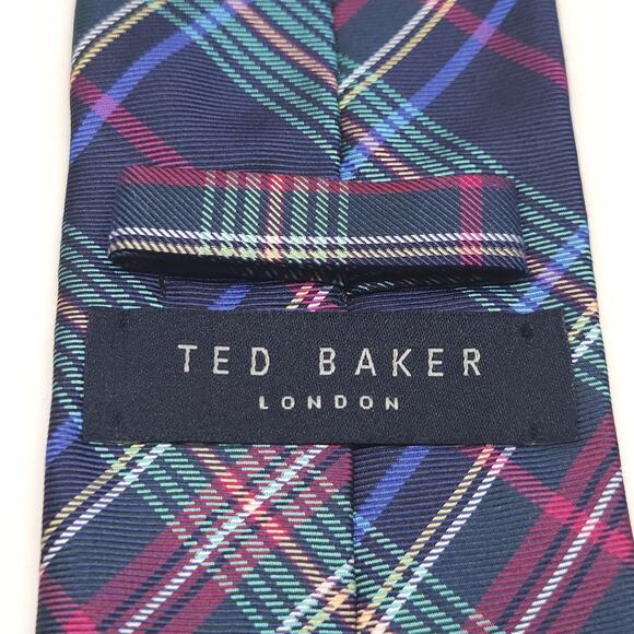 Ted Baker London Silk Tie Plaid Navy Magenta Designer Old Money Preppy Italy 3"W - Picture 3 of 5